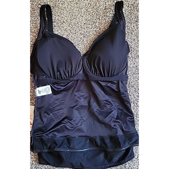 Lands' End Swim Top Black 14 D Wrap Front Tankini (L) Solid Underwire S803 - Picture 4 of 6